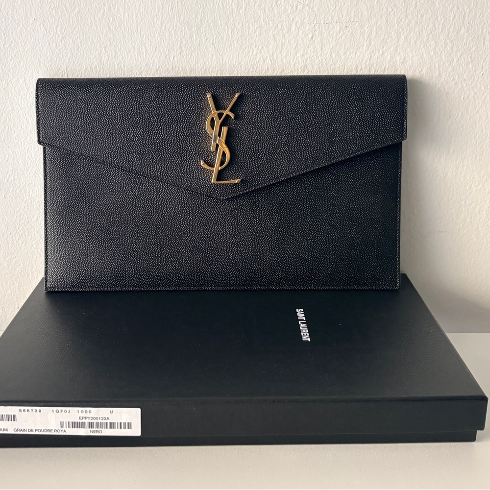 Saint Laurent YSL Black Grain Leather Envelope Clutch Bag /— Like New w/ Box